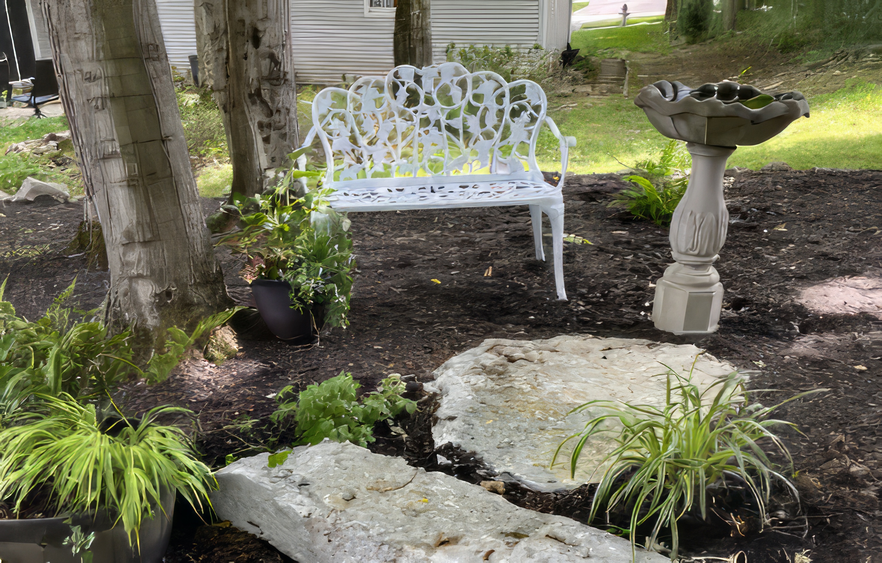 Bench and birdbath garden