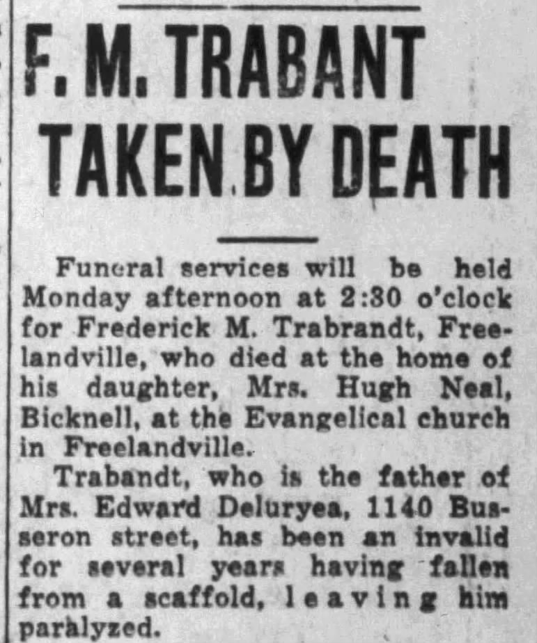 Death of Frederick M. Trabant, 1929, Vincennes Sun-Commercial