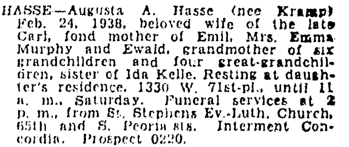 Augusta Hasse Obituary 1938