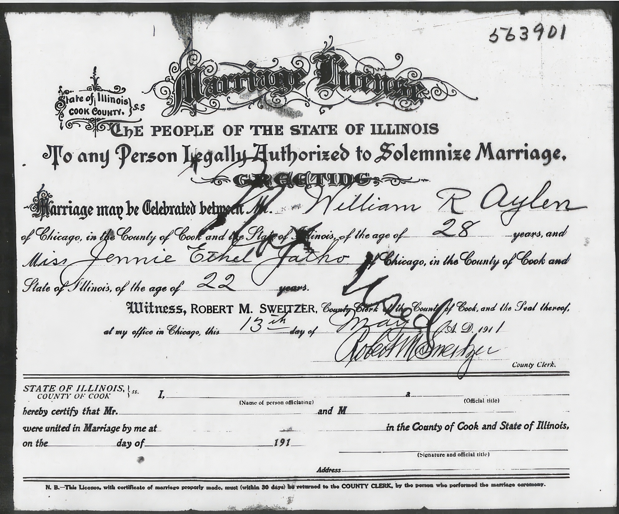 Unused marriage certificate, Cook County, 1911, Aylen and Jatho