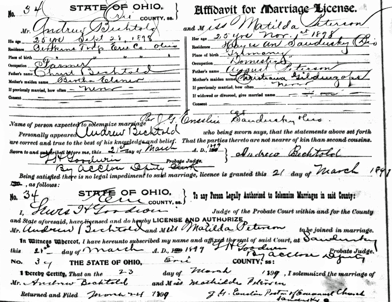 Bechtold Petersen marriage 1899