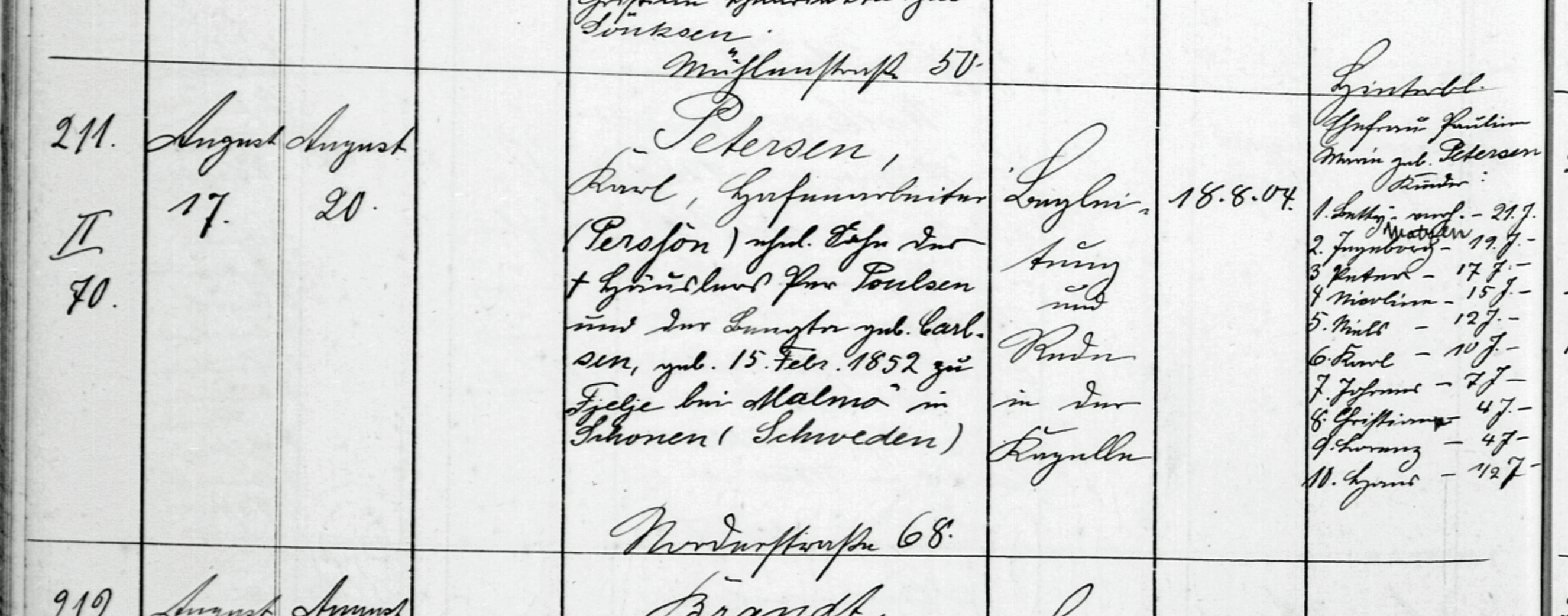 Carl Petersen, death record, 1904, Flensburg, Schleswig-Holstein