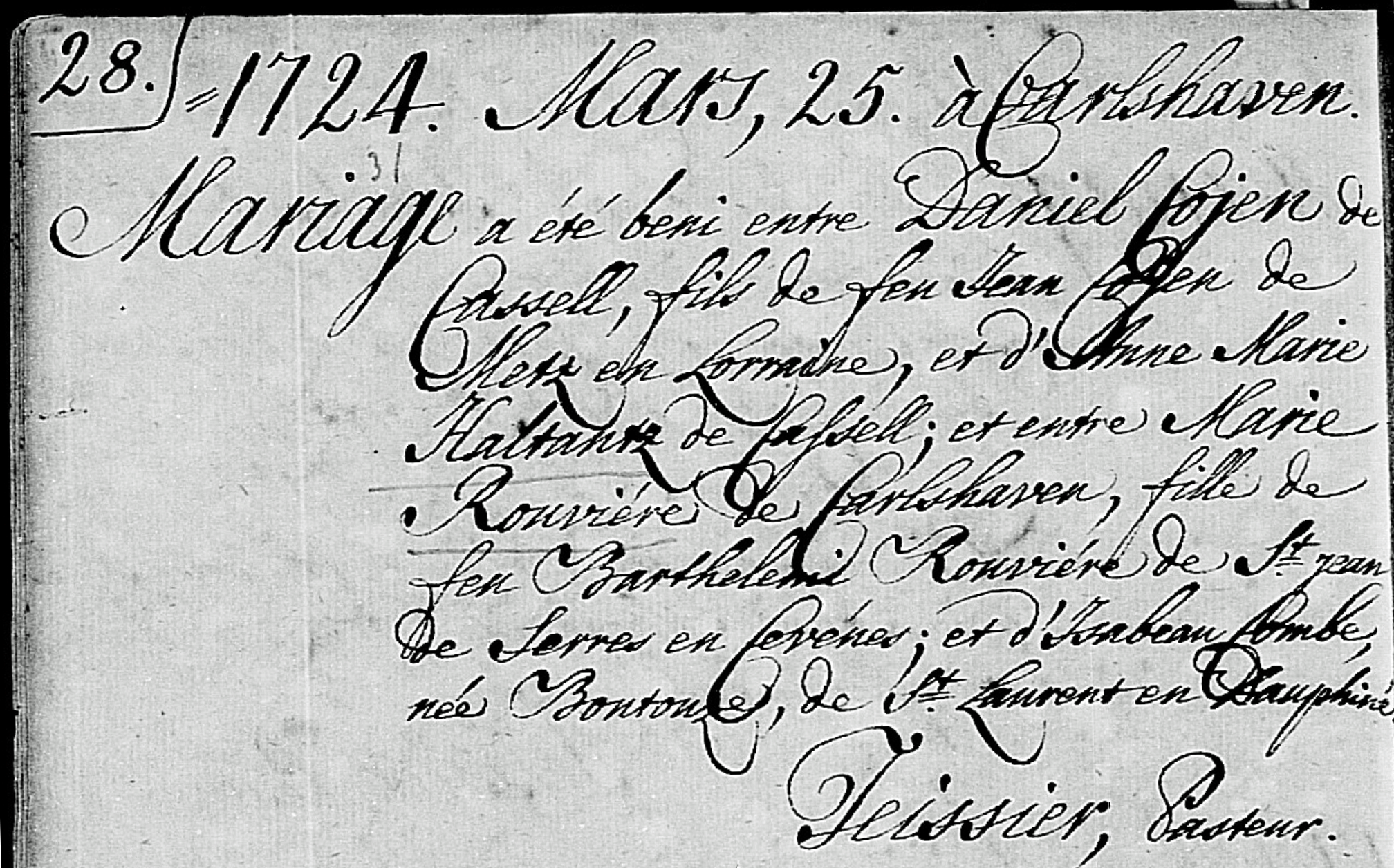 Daniel Cojen and Marie Rouviere marriage 1724
