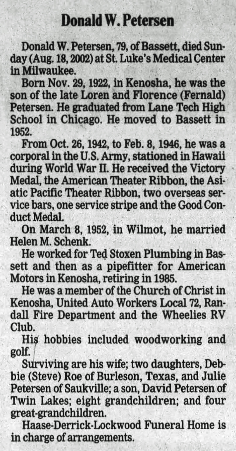 Obituary, Donald Walter Petersen, Kenosha News 2002
