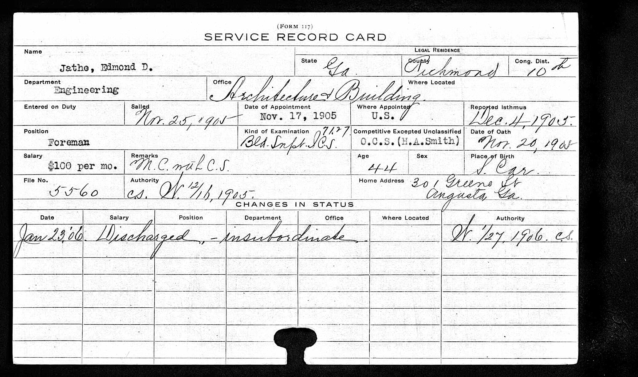 Employment record, Edmond D. Jatho, 1905-1906