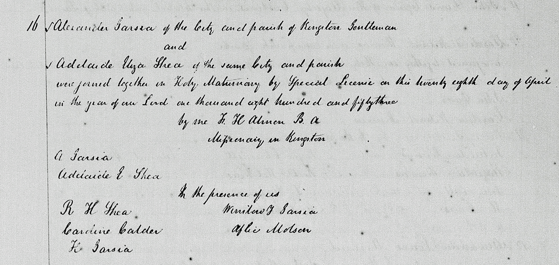 Alexander Garsia and Adelaide Eliza Sheamarriage, Kingston, Jamaica 1853