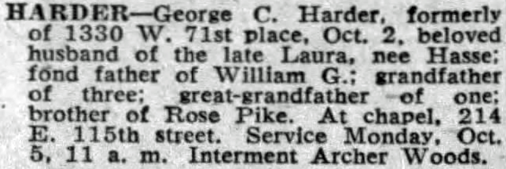 George Charle Harder obituary 1959