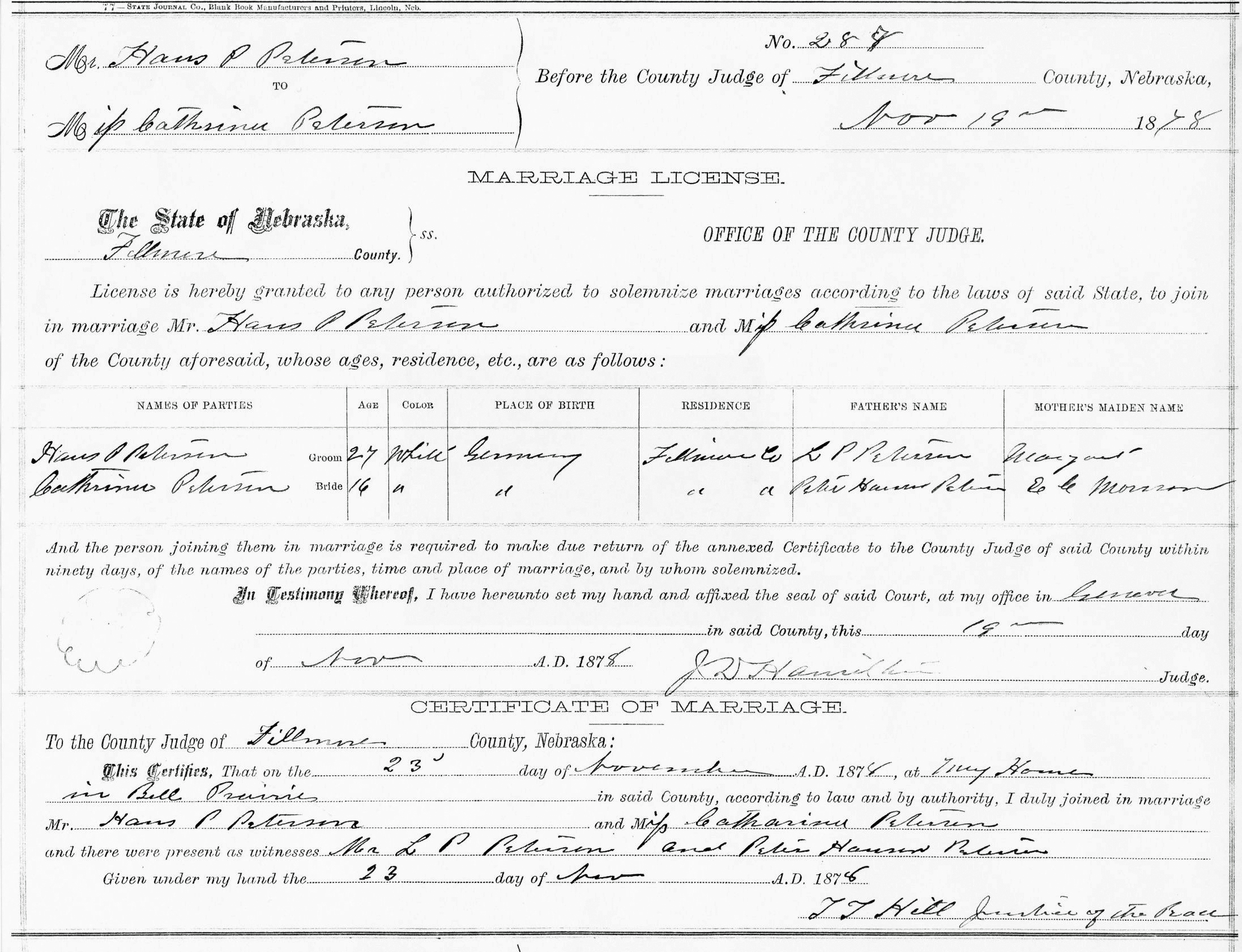 Petersen marriage certificate