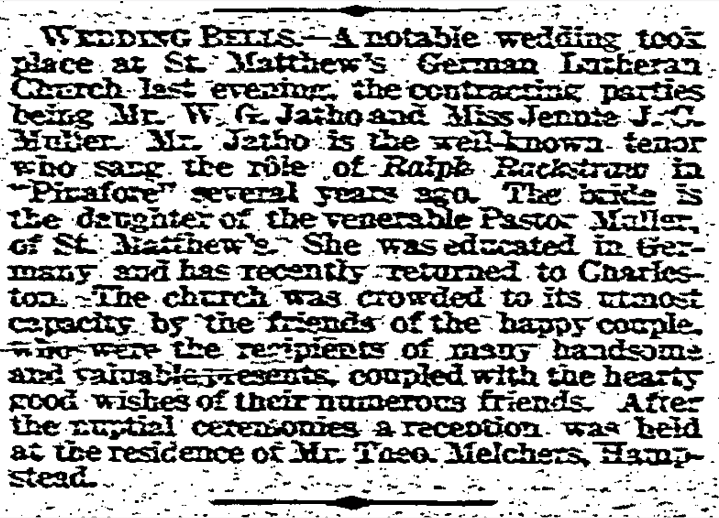 Wedding announcement, William George Jatho and Jennie Müller, Charleston News & Courier 2 June 1887
