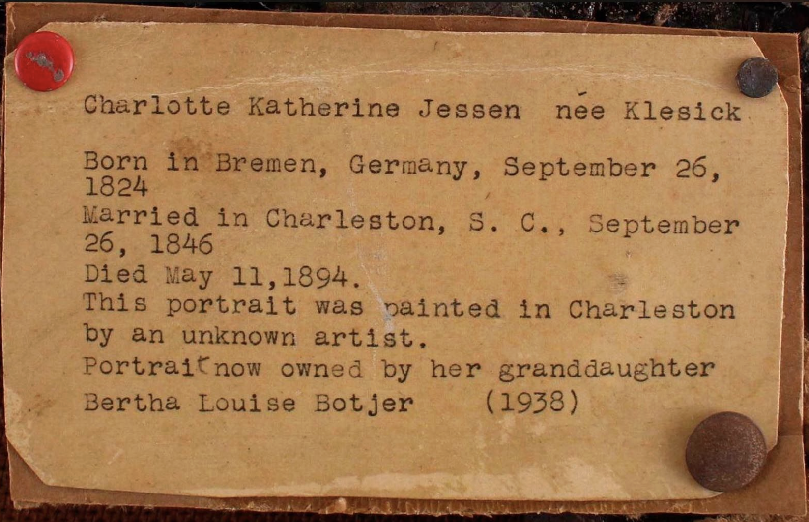 Label for the portrait of Charlotte Klesieck Jesssen