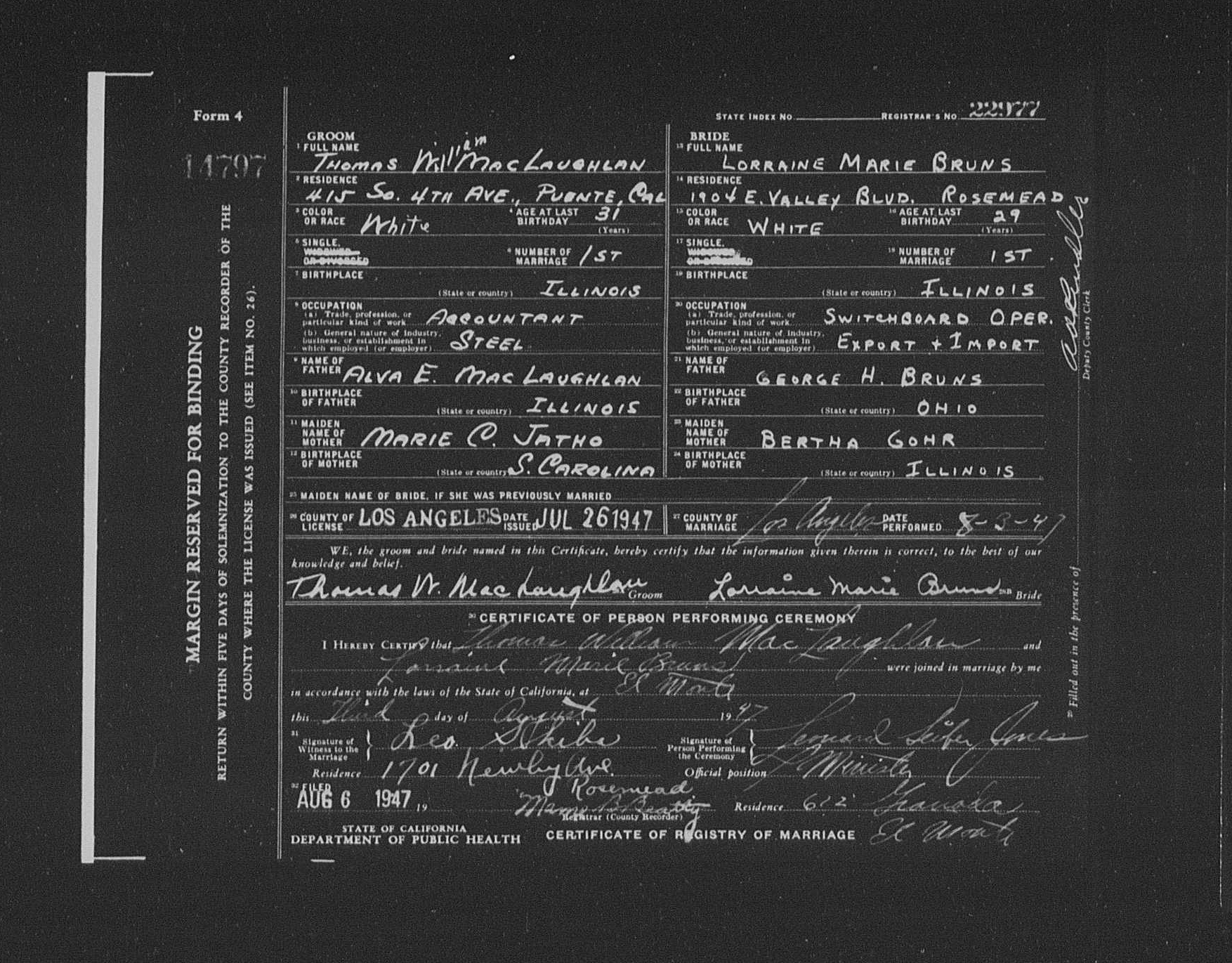 MacLaughlan-Bruns marriage license
