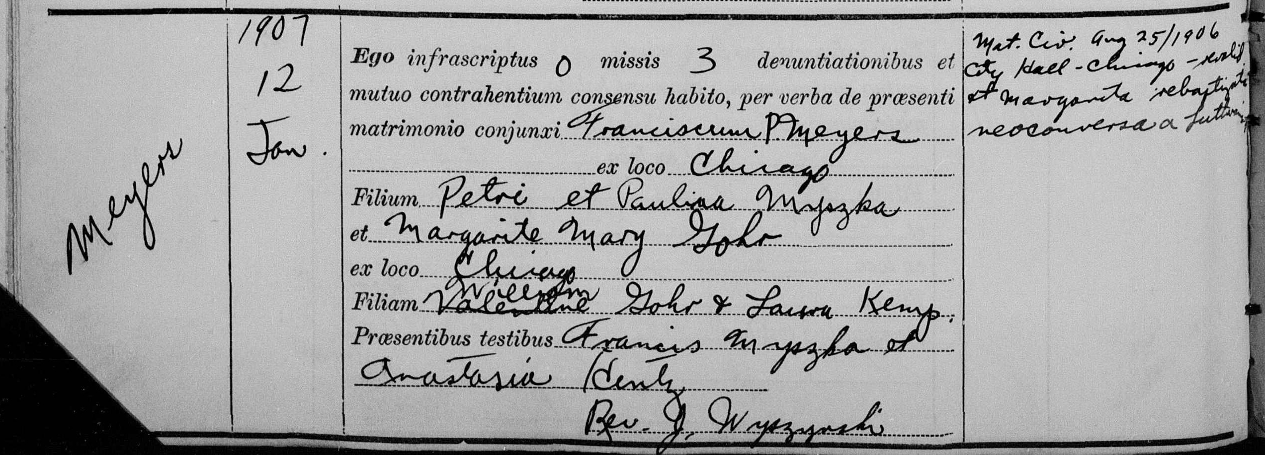 Marriage record for Frank Peter Meyers and Margaret Mary (Alma) Gohr, 1907