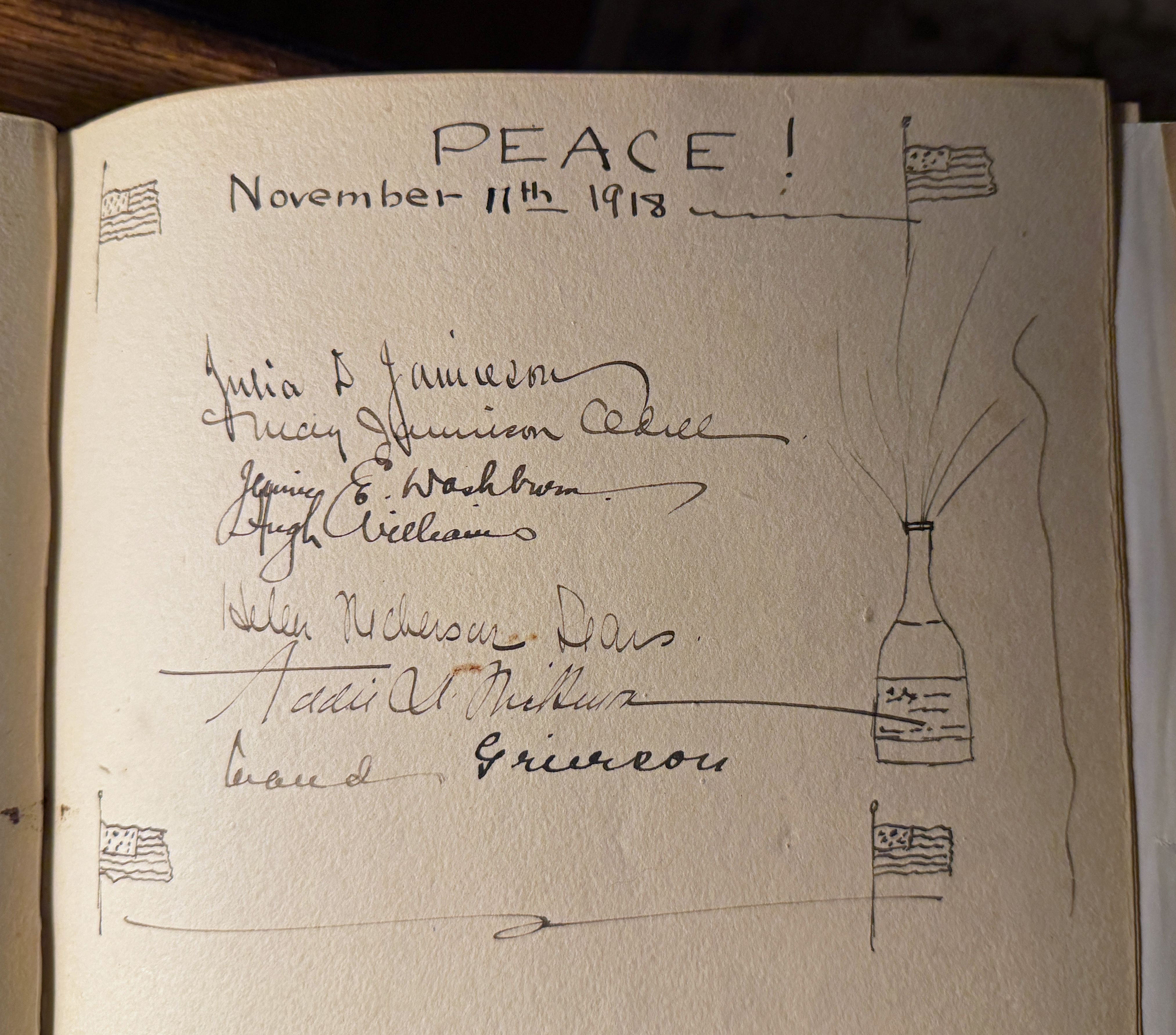 Inscription, November 11, 1918, in a book belonging to the Nickerson family of East Brewster, Massachusetts