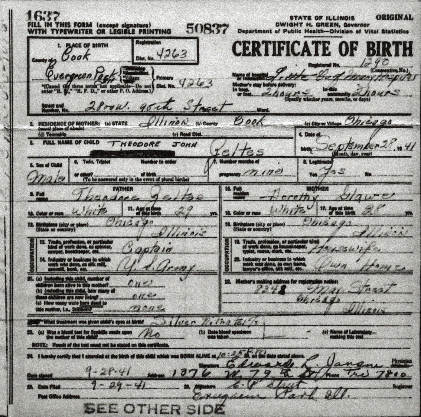 Baptism certificate, Theodore John Zeltes, Chicago 1941