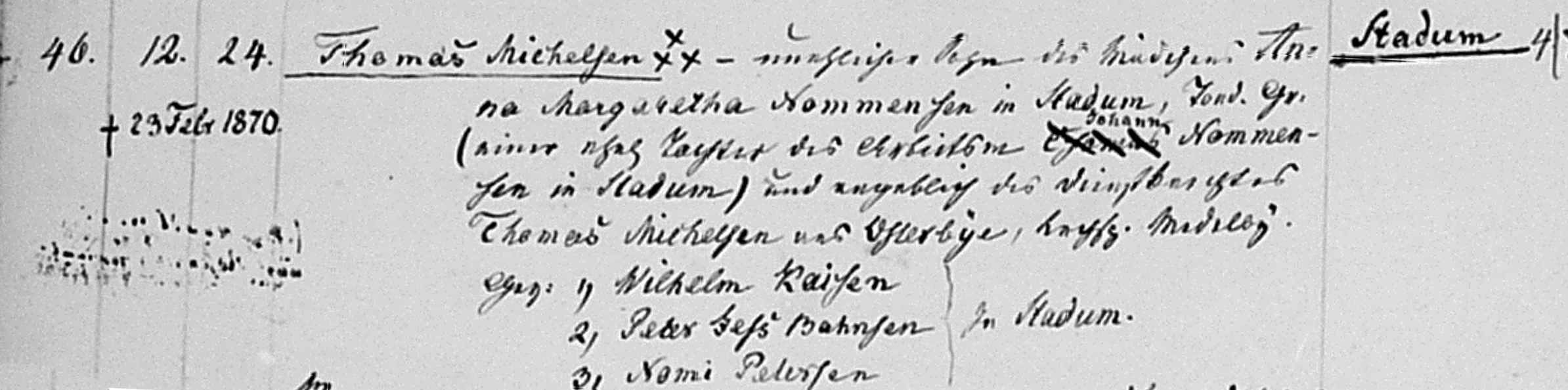 Baptism record Thomas Mikkelsen 1869