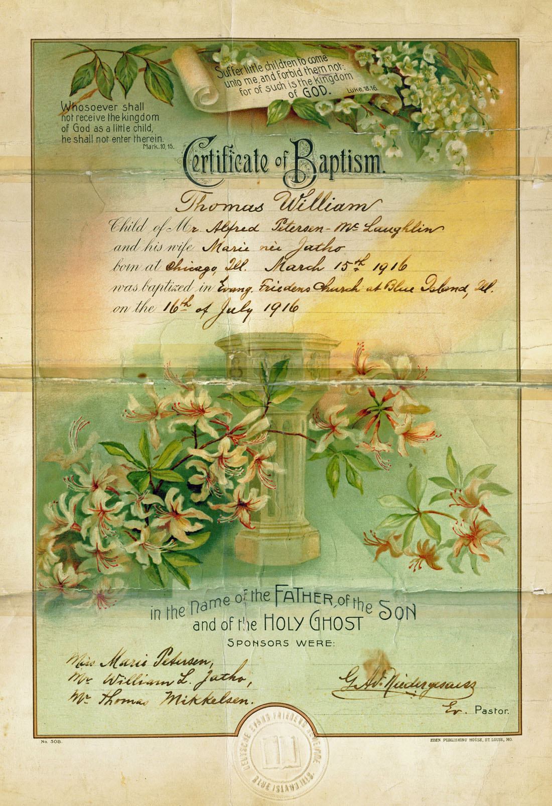 Thomas MacLaughlan baptism certificate 1916
