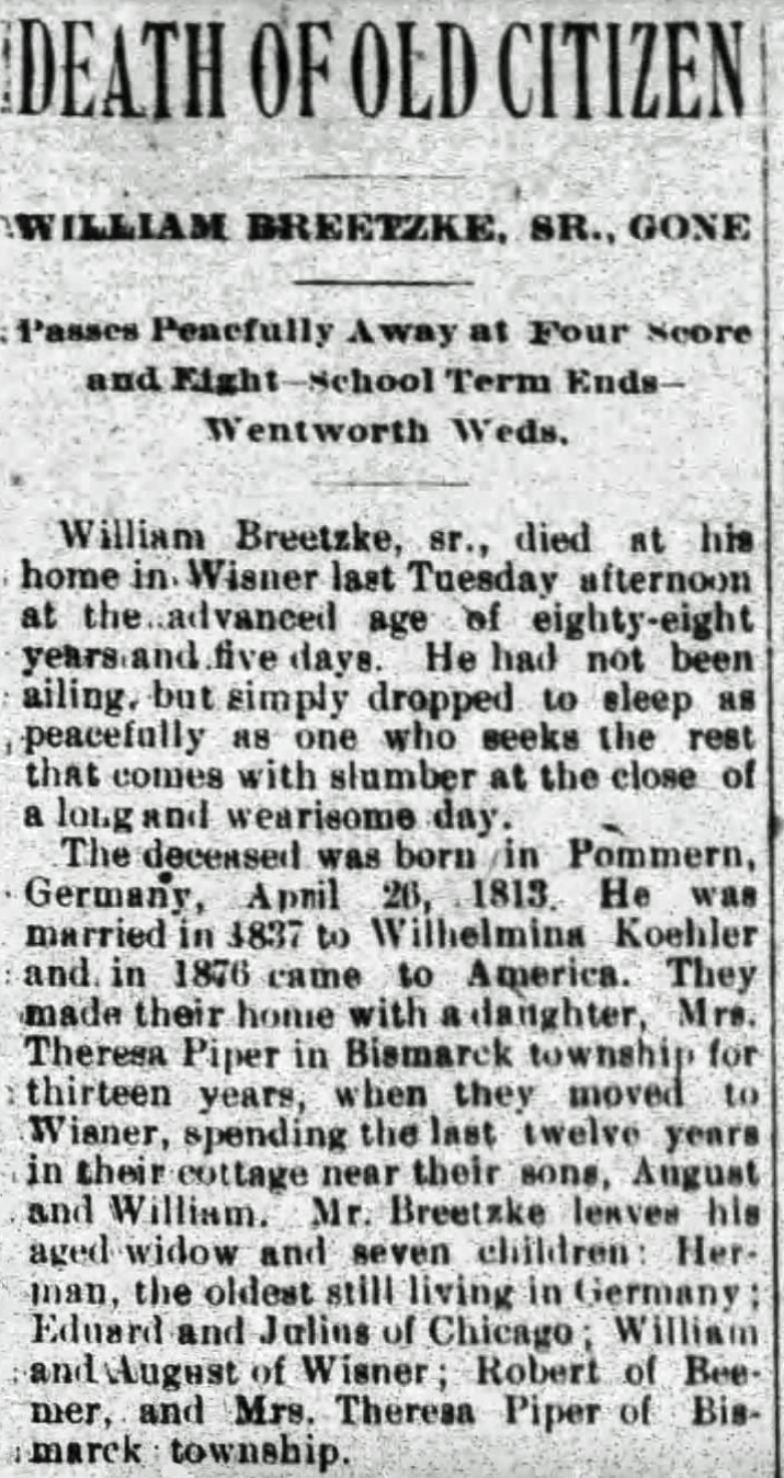 William Breetzke obituary, 1901